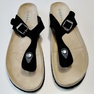 SERRA Women's Suede Thong Adjustable Buckle Black Slip On Sandals - 9